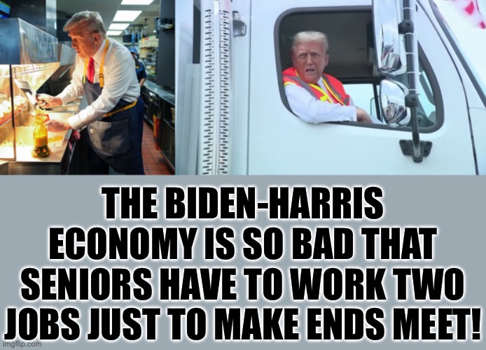 Times have been hard… | THE BIDEN-HARRIS ECONOMY IS SO BAD THAT SENIORS HAVE TO WORK TWO JOBS JUST TO MAKE ENDS MEET! | image tagged in trump fries | made w/ Imgflip meme maker