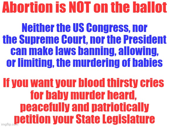 At a certain point ignorance becomes willful | Abortion is NOT on the ballot; Neither the US Congress, nor the Supreme Court, nor the President can make laws banning, allowing, or limiting, the murdering of babies; If you want your blood thirsty cries 
for baby murder heard, 
peacefully and patriotically petition your State Legislature | image tagged in baby murder,abortion is murder,abortion,president trump,presidential election,fear mongering | made w/ Imgflip meme maker