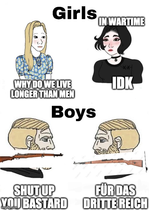 boys vs girls | IN WARTIME; IDK; WHY DO WE LIVE LONGER THAN MEN; FÜR DAS DRITTE REICH; SHUT UP YOU BASTARD | image tagged in girls vs boys | made w/ Imgflip meme maker