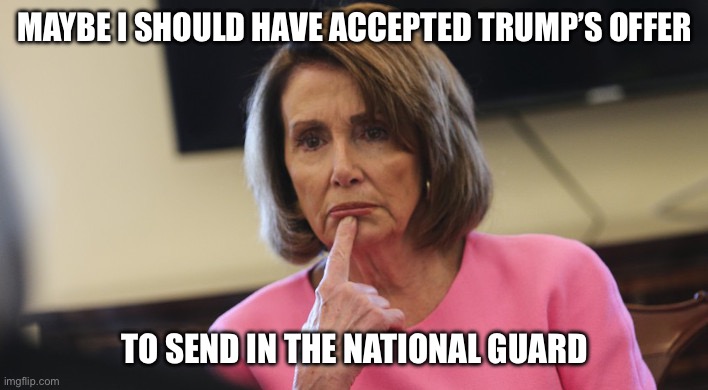 Pelosi Philosoraptor | MAYBE I SHOULD HAVE ACCEPTED TRUMP’S OFFER TO SEND IN THE NATIONAL GUARD | image tagged in pelosi philosoraptor | made w/ Imgflip meme maker