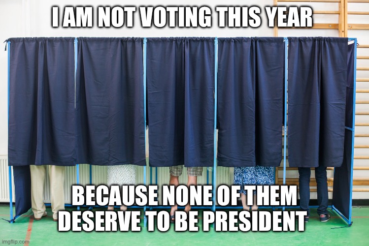 voting booth | I AM NOT VOTING THIS YEAR; BECAUSE NONE OF THEM DESERVE TO BE PRESIDENT | image tagged in voting booth | made w/ Imgflip meme maker