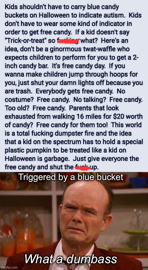 Triggered | Triggered by a blue bucket; What a dumbass | image tagged in red forman,politics lol,memes | made w/ Imgflip meme maker