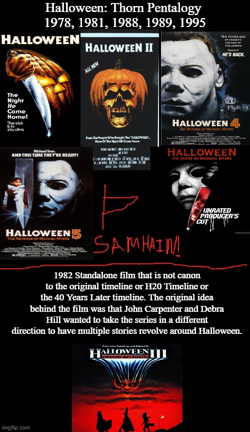 Halloween: Thorn Pentalogy Timeline #1 | Halloween: Thorn Pentalogy 
1978, 1981, 1988, 1989, 1995; 1982 Standalone film that is not canon to the original timeline or H20 Timeline or the 40 Years Later timeline. The original idea behind the film was that John Carpenter and Debra Hill wanted to take the series in a different direction to have multiple stories revolve around Halloween. | image tagged in halloween,halloween ii,halloween iv,halloween v,halloween vi producers cut,donald pleasence | made w/ Imgflip meme maker