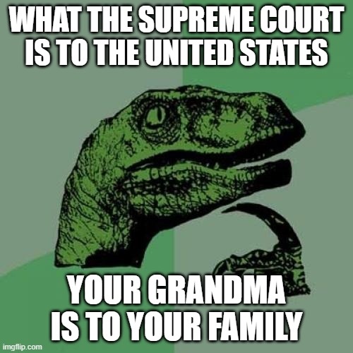 They both have the final say | WHAT THE SUPREME COURT IS TO THE UNITED STATES; YOUR GRANDMA IS TO YOUR FAMILY | image tagged in memes,philosoraptor,grandma,funny | made w/ Imgflip meme maker