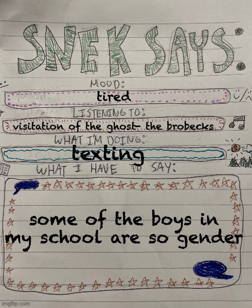 why cant i just transition alreadyyyyyy | tired; visitation of the ghost- the brobecks; texting; some of the boys in my school are so gender | image tagged in sneks says paper version | made w/ Imgflip meme maker