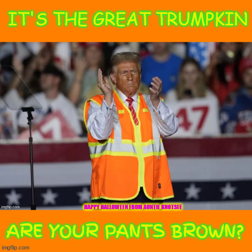 It's The Great Trumpkin | IT'S THE GREAT TRUMPKIN; HAPPY HALLOWEEN FROM AUNTIE KNOTSEE; ARE YOUR PANTS BROWN? | image tagged in it's the great trumpkin,brown pants trump,trumpkinhead,his candel went out,in 2 weeks,maga monster | made w/ Imgflip meme maker