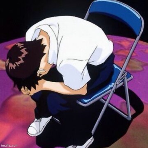 Shinji Ikari on a chair | image tagged in shinji ikari on a chair | made w/ Imgflip meme maker