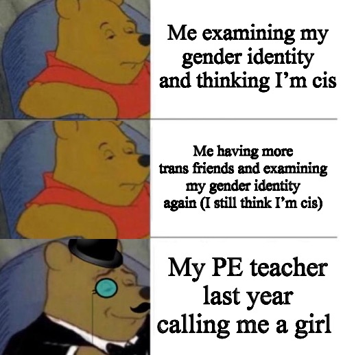 If anyone doesn’t get it the joke is my PE teacher called me a girl and I hated it so much I realized I wasn’t cis | Me examining my gender identity and thinking I’m cis; Me having more trans friends and examining my gender identity again (I still think I’m cis); My PE teacher last year calling me a girl | image tagged in tuxedo winnie the pooh 3 panel | made w/ Imgflip meme maker