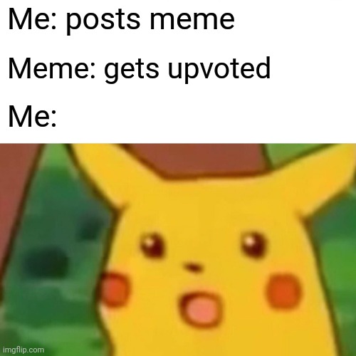 Surprised Pikachu Meme | Me: posts meme; Meme: gets upvoted; Me: | image tagged in memes,surprised pikachu,upvote,begging for upvotes,upvote begging,pikachu | made w/ Imgflip meme maker