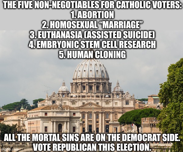 Protect Your Soul on Nov. 5 | THE FIVE NON-NEGOTIABLES FOR CATHOLIC VOTERS:
1. ABORTION
2. HOMOSEXUAL “MARRIAGE”
3. EUTHANASIA (ASSISTED SUICIDE)
4. EMBRYONIC STEM CELL RESEARCH
5. HUMAN CLONING; ALL THE MORTAL SINS ARE ON THE DEMOCRAT SIDE.
VOTE REPUBLICAN THIS ELECTION. | image tagged in catholic church,2024 election,democrat,republican,voting,christianity | made w/ Imgflip meme maker