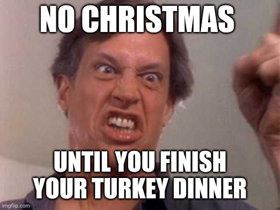 We're not gonna take it | NO CHRISTMAS; UNTIL YOU FINISH YOUR TURKEY DINNER | image tagged in we're not gonna take it | made w/ Imgflip meme maker