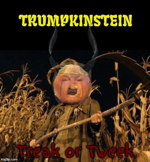 Trumpkinstein Treak or Tweek! | Treak or Tweek | image tagged in trumpkinstein treak or tweek,the great trumpkin,hallowen reaper,maga monster,trumpkinhead | made w/ Imgflip meme maker