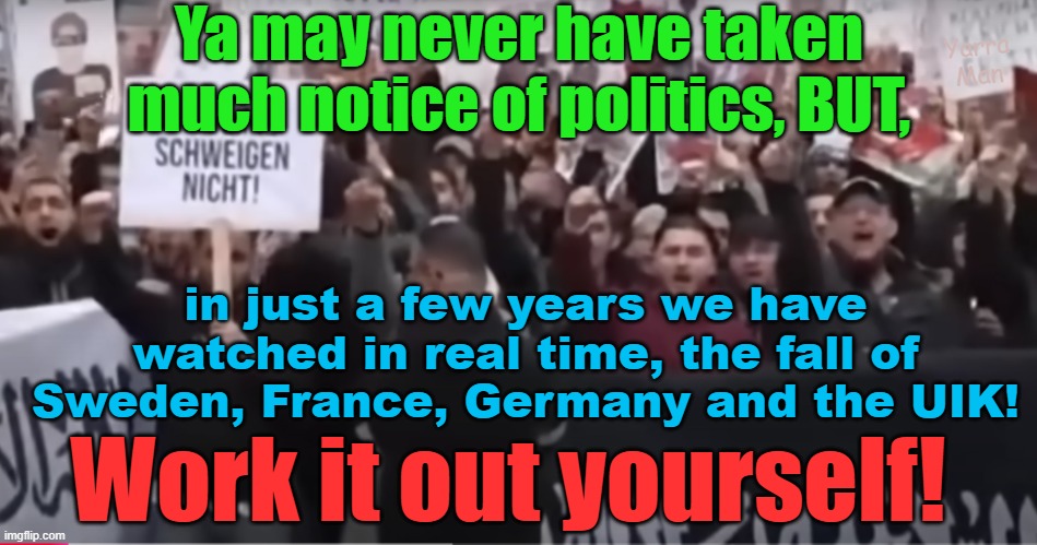 You may never have taken much interest in politics, BUT it might be time take an interest. | Ya may never have taken much notice of politics, BUT, Yarra Man; in just a few years we have watched in real time, the fall of Sweden, France, Germany and the UIK! Work it out yourself! | image tagged in europe,uik,islamic invasion,france,germany,sweden | made w/ Imgflip meme maker