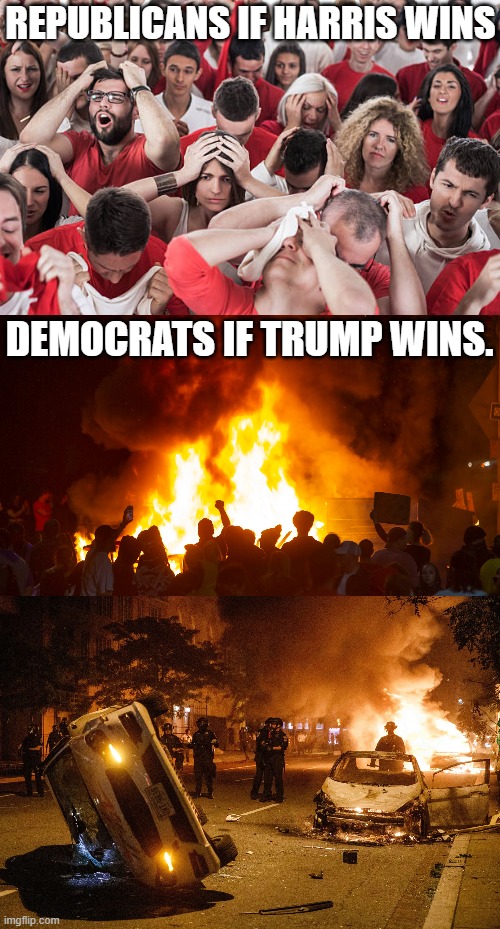 If Harris wins the Republicans will be disappointed.  if Trump wins the Democrats will, burn, destroy and kill everything | REPUBLICANS IF HARRIS WINS; DEMOCRATS IF TRUMP WINS. | image tagged in democrat violence,republican disappointment,dems always get violent | made w/ Imgflip meme maker