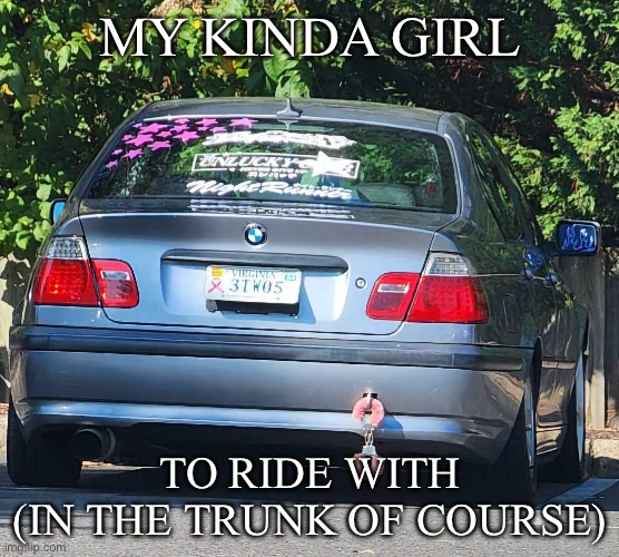 handcuffed in the trunk | MY KINDA GIRL; TO RIDE WITH
(IN THE TRUNK OF COURSE) | image tagged in trunks,handcuffs,hitchhiker,trapped,bad,hot girl | made w/ Imgflip meme maker