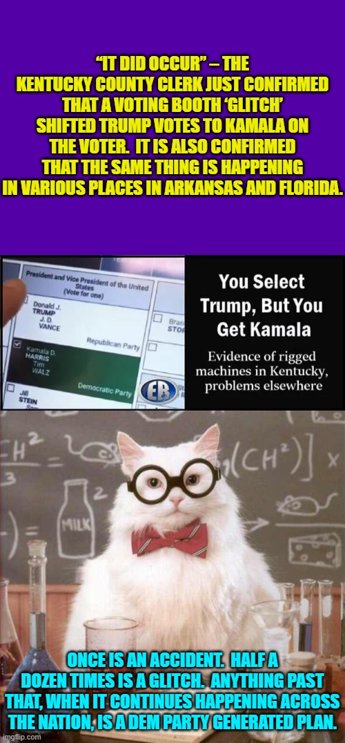 No, this is no accident.  This is no 'glitch' this is a deliberate steal. | “IT DID OCCUR” – THE KENTUCKY COUNTY CLERK JUST CONFIRMED THAT A VOTING BOOTH ‘GLITCH’ SHIFTED TRUMP VOTES TO KAMALA ON THE VOTER.  IT IS ALSO CONFIRMED THAT THE SAME THING IS HAPPENING IN VARIOUS PLACES IN ARKANSAS AND FLORIDA. ONCE IS AN ACCIDENT.  HALF A DOZEN TIMES IS A GLITCH.  ANYTHING PAST THAT, WHEN IT CONTINUES HAPPENING ACROSS THE NATION, IS A DEM PARTY GENERATED PLAN. | image tagged in yep | made w/ Imgflip meme maker