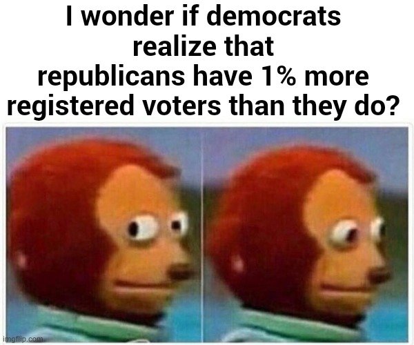 Monkey Puppet | I wonder if democrats realize that republicans have 1% more registered voters than they do? | image tagged in memes,monkey puppet,republicans,more,registered voters than,democrats | made w/ Imgflip meme maker