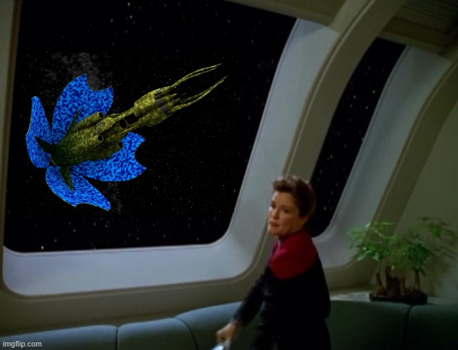 Alien ship outside of  Janeway's window | image tagged in captain janeway looking out the window,star trek voyager,babylon 5 | made w/ Imgflip meme maker