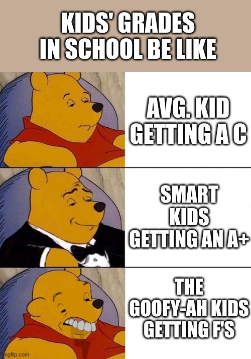 Kids' grades in school be like... | KIDS' GRADES IN SCHOOL BE LIKE; AVG. KID GETTING A C; SMART KIDS GETTING AN A+; THE GOOFY-AH KIDS GETTING F'S | image tagged in best better blurst,school,grades,students | made w/ Imgflip meme maker