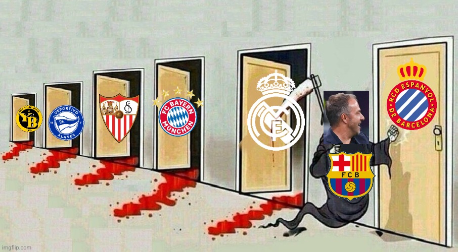 Hansi Flick's F.C. Barcelona right now, before Catalan derby vs. RCD Espanyol | image tagged in grim reaper knocking door,espanyol,barcelona,real madrid,bayern munich,laliga | made w/ Imgflip meme maker