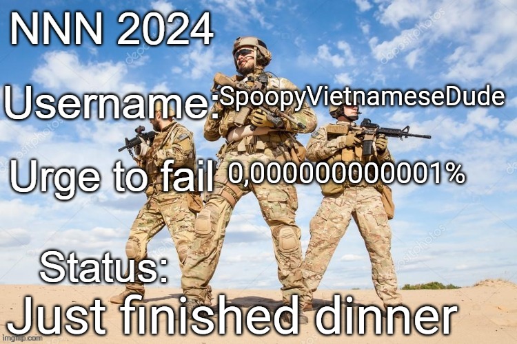 Not much, but it's close | SpoopyVietnameseDude; 0,000000000001%; Just finished dinner | image tagged in nnn 2024 progress report,memes,nnn | made w/ Imgflip meme maker