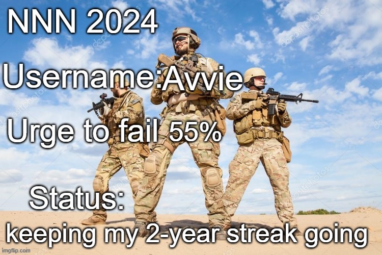 i won in 2023 and 2022, i NEED to win this year | Avvie; 55%; keeping my 2-year streak going | image tagged in nnn 2024 progress report | made w/ Imgflip meme maker