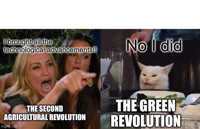 Meme for Human Geo class | No I did; I brought all the technological advancements!! THE SECOND AGRICULTURAL REVOLUTION; THE GREEN REVOLUTION | image tagged in memes,woman yelling at cat | made w/ Imgflip meme maker