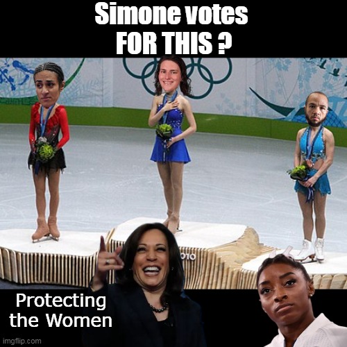 Yay ! Equity ! | Simone votes 
FOR THIS ? Protecting the Women | image tagged in olympic kamala simone equity meme | made w/ Imgflip meme maker