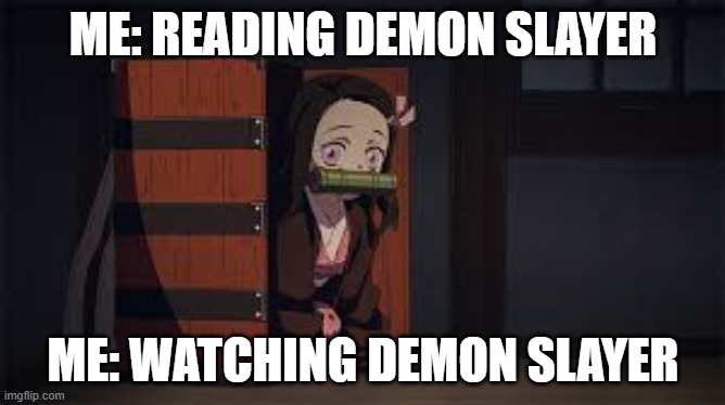 Demon Slayer Nezuko | ME: READING DEMON SLAYER; ME: WATCHING DEMON SLAYER | image tagged in demon slayer nezuko | made w/ Imgflip meme maker