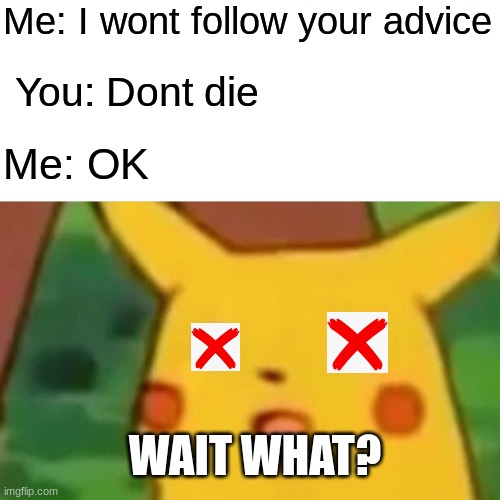 When u don't follow people | Me: I wont follow your advice; You: Dont die; Me: OK; WAIT WHAT? | image tagged in memes,surprised pikachu | made w/ Imgflip meme maker
