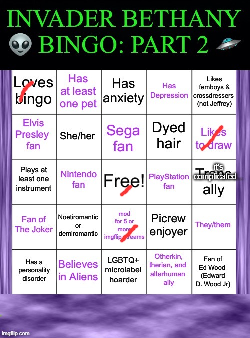 InvaderBethany Bingo: Part 2 | it's complicated... | image tagged in invaderbethany bingo part 2 | made w/ Imgflip meme maker