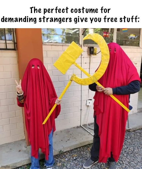 Perfection | The perfect costume for demanding strangers give you free stuff: | image tagged in politics lol,memes | made w/ Imgflip meme maker