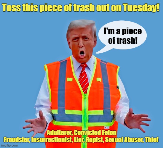 We deserve better! | Toss this piece of trash out on Tuesday! I'm a piece
of trash! Adulterer, Convicted Felon; Fraudster, Insurrectionist, Liar, Rapist, Sexual Abuser, Thief | image tagged in donald trump,despicable donald,trash,election 2024,vote | made w/ Imgflip meme maker