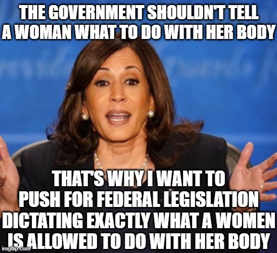 Kamala Harris | THE GOVERNMENT SHOULDN'T TELL A WOMAN WHAT TO DO WITH HER BODY; THAT'S WHY I WANT TO PUSH FOR FEDERAL LEGISLATION DICTATING EXACTLY WHAT A WOMEN IS ALLOWED TO DO WITH HER BODY | image tagged in kamala harris | made w/ Imgflip meme maker