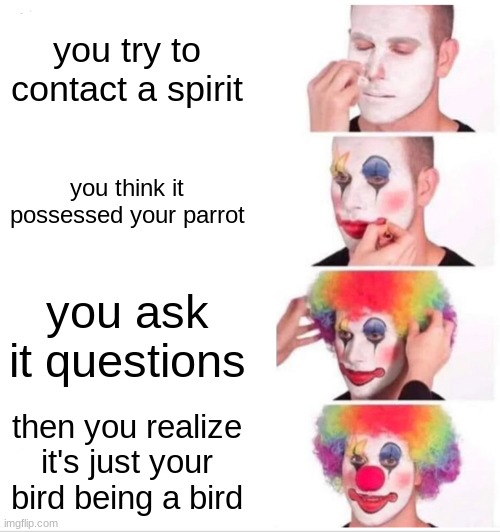 true story it happened 5 mins ago | you try to contact a spirit; you think it possessed your parrot; you ask it questions; then you realize it's just your bird being a bird | image tagged in clown applying makeup,bird being a bird | made w/ Imgflip meme maker