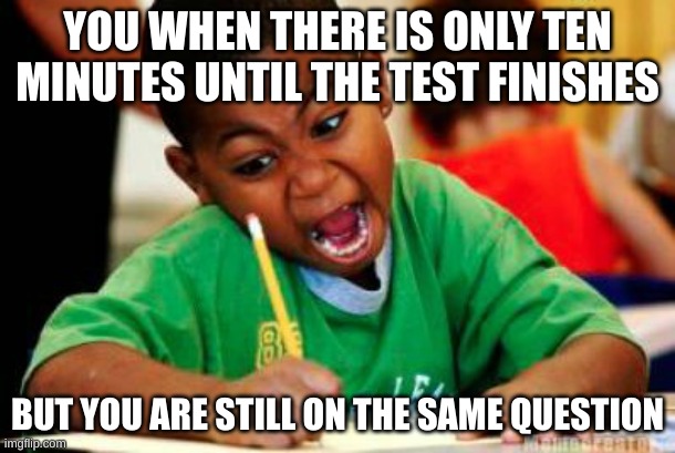 Writing | YOU WHEN THERE IS ONLY TEN MINUTES UNTIL THE TEST FINISHES; BUT YOU ARE STILL ON THE SAME QUESTION | image tagged in writing | made w/ Imgflip meme maker