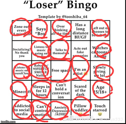 i am a loser | image tagged in loser bingo | made w/ Imgflip meme maker