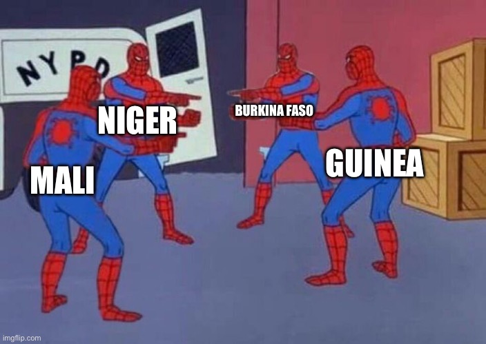 4 Spiderman pointing at each other | MALI NIGER BURKINA FASO GUINEA | image tagged in 4 spiderman pointing at each other | made w/ Imgflip meme maker