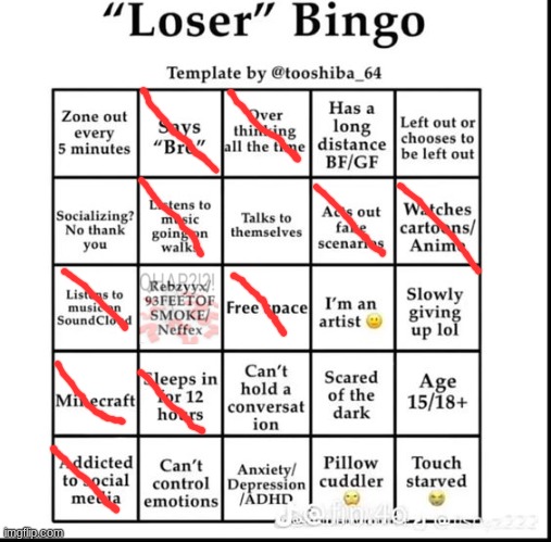 loser bingo | image tagged in loser bingo | made w/ Imgflip meme maker