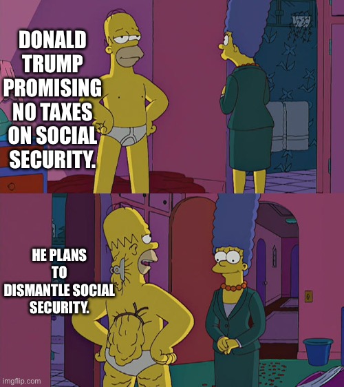 Can’t have tax on an income that doesn’t exist I guess. | DONALD TRUMP PROMISING NO TAXES ON SOCIAL SECURITY. HE PLANS TO DISMANTLE SOCIAL SECURITY. | image tagged in homer simpson's back fat,conservative hypocrisy,liars,don the con,lock him up | made w/ Imgflip meme maker