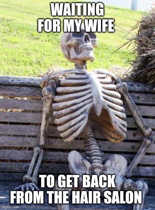 Waiting | WAITING FOR MY WIFE; TO GET BACK FROM THE HAIR SALON | image tagged in memes,waiting skeleton,funny memes | made w/ Imgflip meme maker