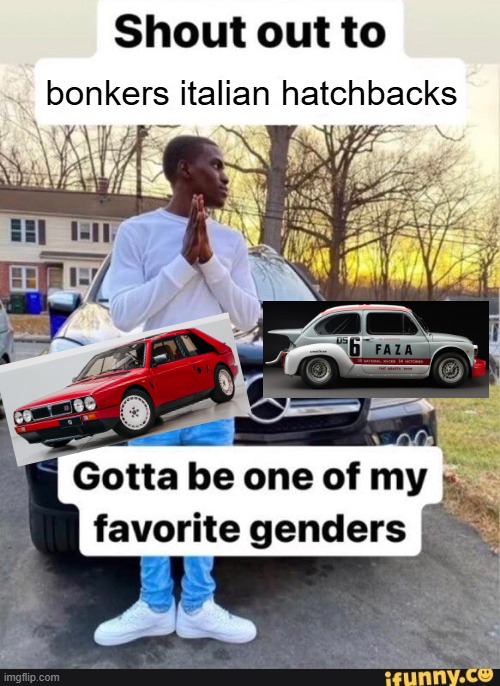 gotta be one of my favorite genders | bonkers italian hatchbacks | image tagged in gotta be one of my favorite genders | made w/ Imgflip meme maker