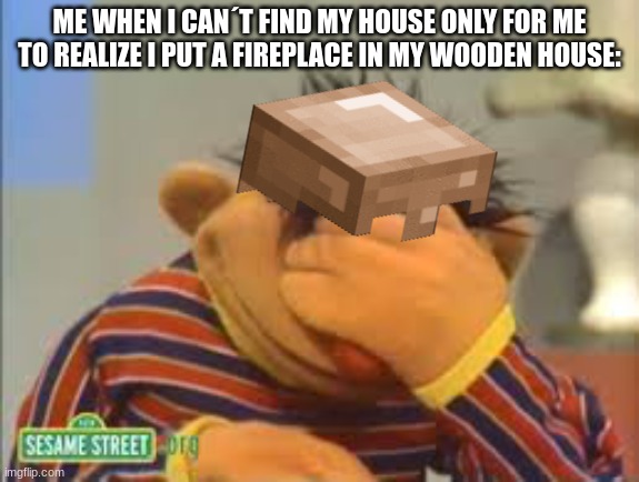 this is why i don´t put a fireplace in my house | ME WHEN I CAN´T FIND MY HOUSE ONLY FOR ME TO REALIZE I PUT A FIREPLACE IN MY WOODEN HOUSE: | image tagged in sesame street | made w/ Imgflip meme maker