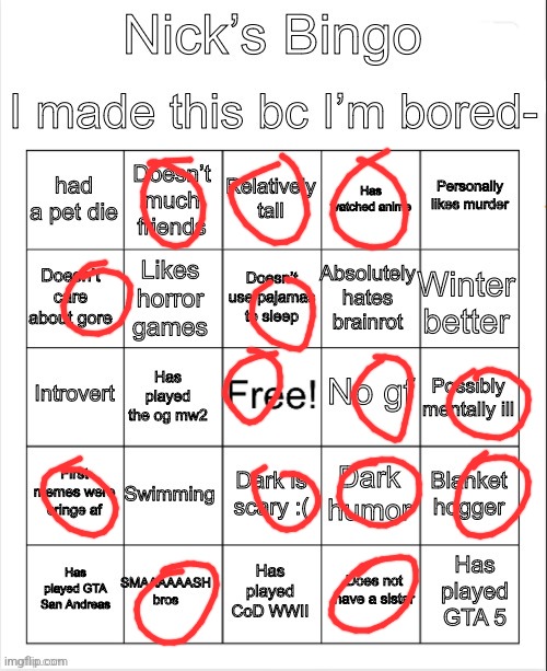 He's just like me fr | image tagged in nick s bingo | made w/ Imgflip meme maker