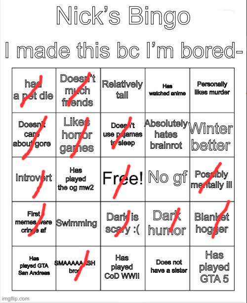 Nick’s bingo | image tagged in nick s bingo | made w/ Imgflip meme maker