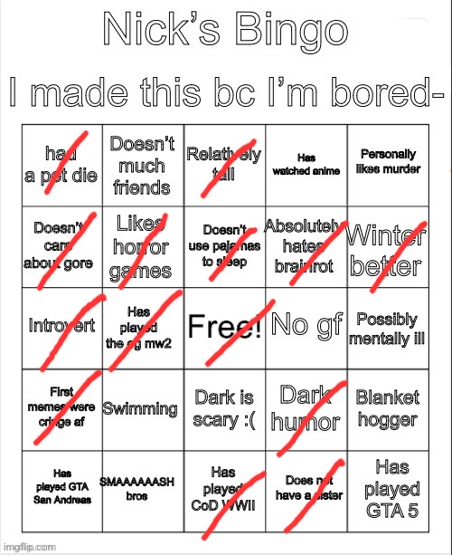 Nick’s bingo | image tagged in nick s bingo | made w/ Imgflip meme maker