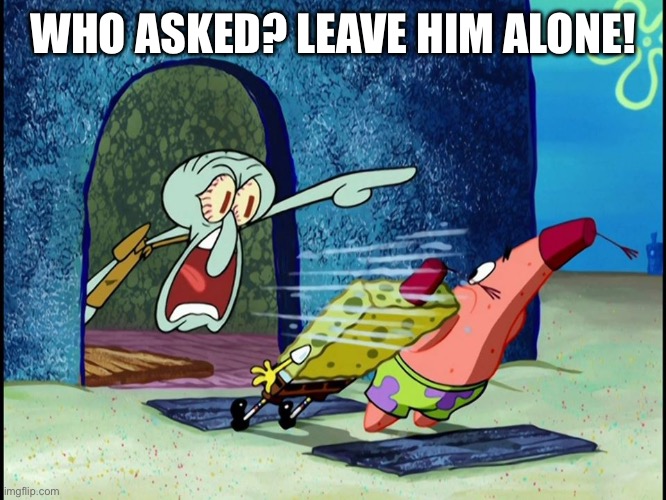 WHO ASKED? LEAVE HIM ALONE! | image tagged in squidward screaming | made w/ Imgflip meme maker