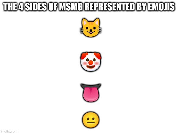 THE 4 SIDES OF MSMG REPRESENTED BY EMOJIS; 😺; 🤡; 👅; 😐 | made w/ Imgflip meme maker