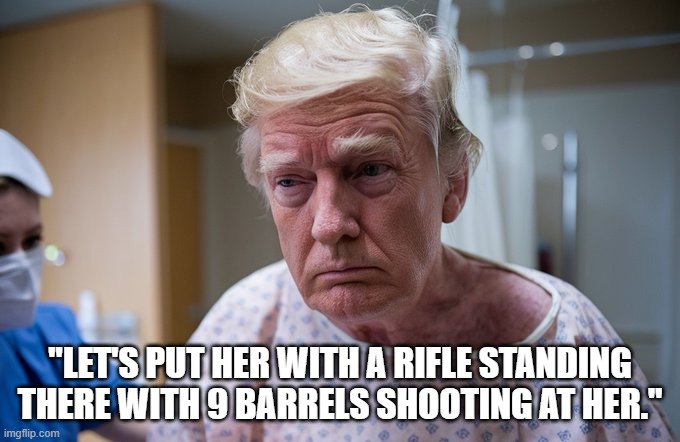 Yeah, MAGAts are garbage | "LET'S PUT HER WITH A RIFLE STANDING THERE WITH 9 BARRELS SHOOTING AT HER." | image tagged in death threats,donald trump,fascist,nazi | made w/ Imgflip meme maker