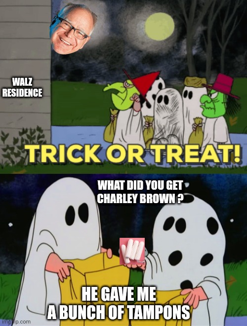 Tricks of Democrats | WALZ
RESIDENCE; WHAT DID YOU GET
CHARLEY BROWN ? HE GAVE ME
A BUNCH OF TAMPONS | image tagged in leftists,liberals,democrats | made w/ Imgflip meme maker